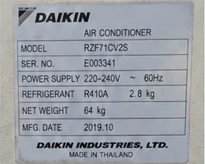 Placa de datos de un aire acondicionado Daikin
